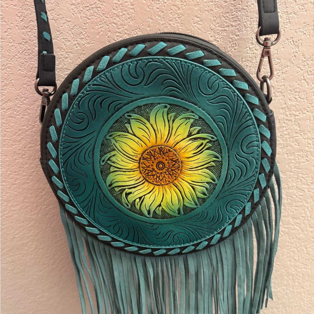 Montana West Teal and Yellow Sunflower Round Fringe Crossbody Bag